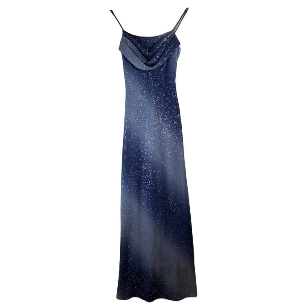 Vintage Cache Blue Ombre Glitter Maxi‎ Dress Cowl Neck  Formal Gown Sz 2